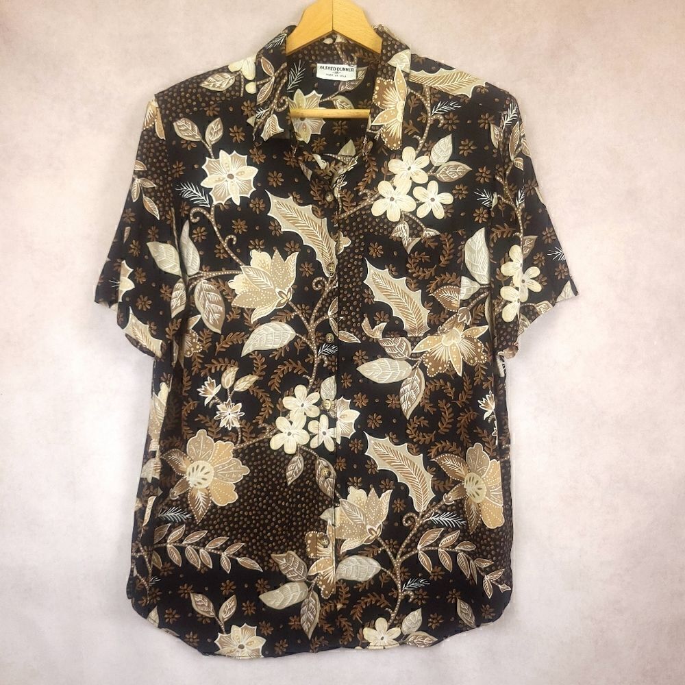 Vintage Alfred Dunner Brown Floral Leaf Print Short Sleeve Button Down Shirt 16